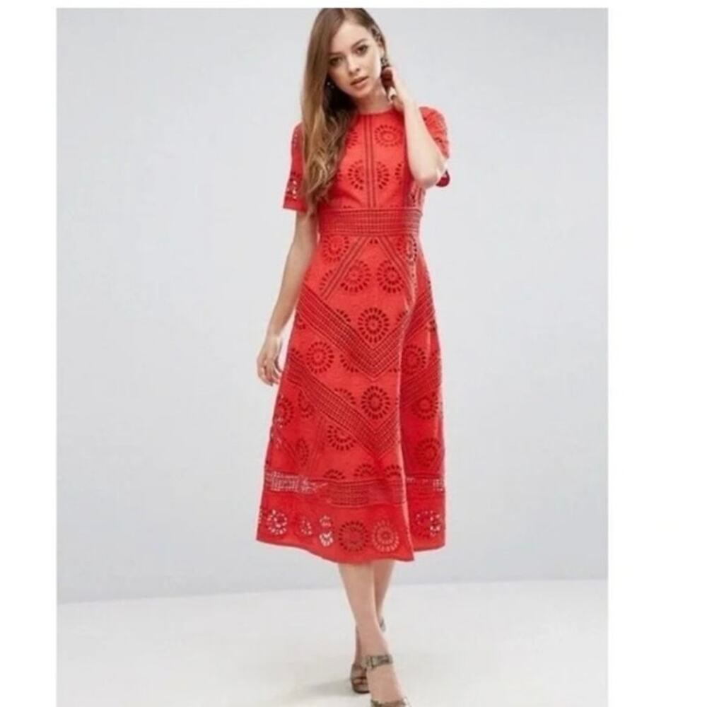 ASOS Design Red Short Sleeve Red Lace Pleated  Paneled Midi Open Back Dress sz 8